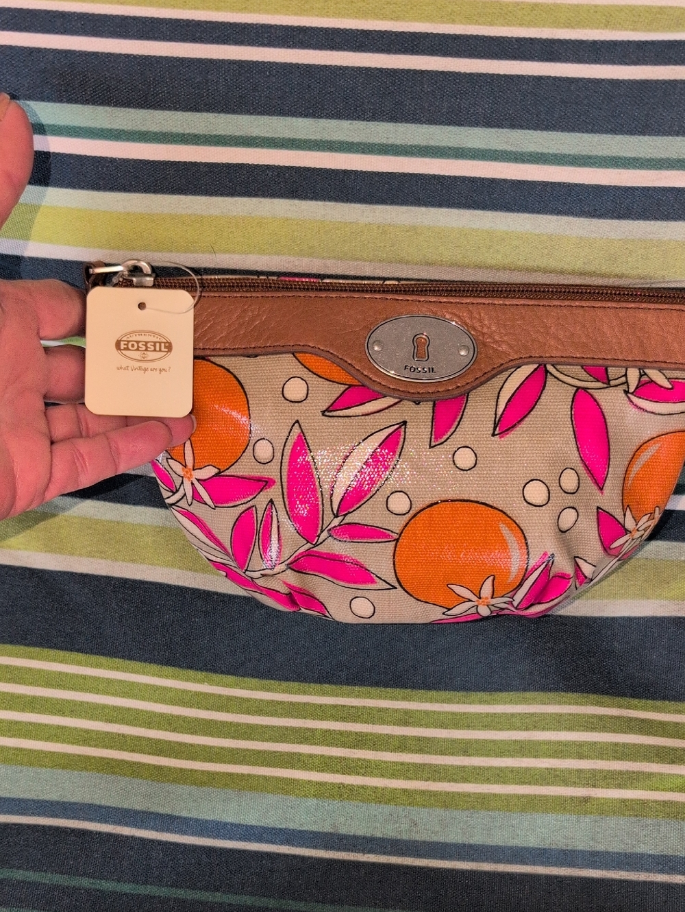 Vintage Fossil Pink & Orange Floral Coated Canvas Makeup Bag -NWT